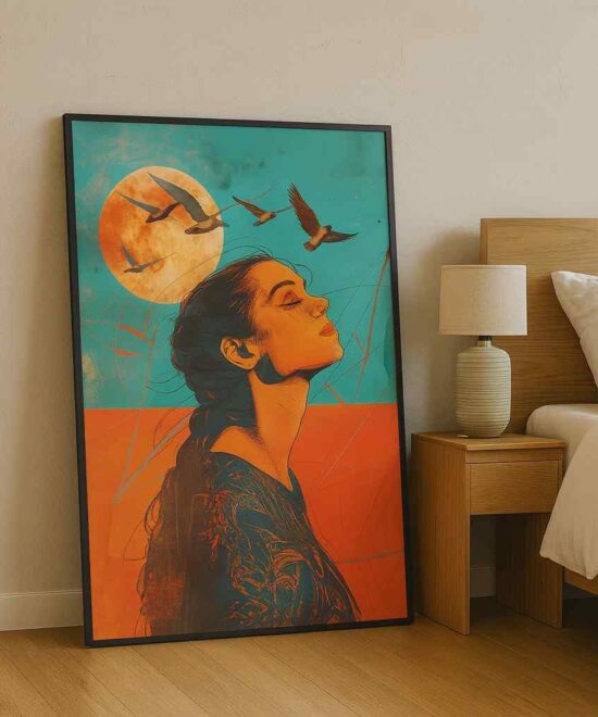 freedom woman wall art, inspirational canvas painting, modern portrait artwork, birds flying artwork, emotional wall décor, large canvas painting 30x48, contemporary woman art, motivational home décor, sunrise woman artwork, bold color wall art, serene woman portrait, stylish bedroom décor, expressive modern painting, artistic home decoration, vibrant wall art canvas