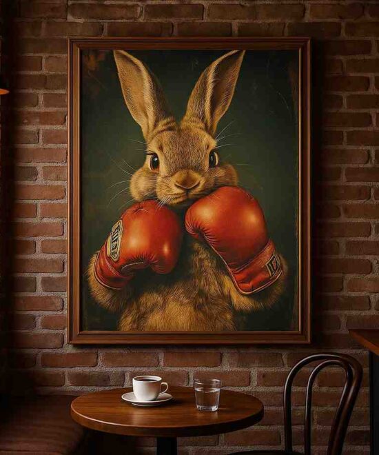 boxing bunny wall art, cute animal canvas painting, funny rabbit artwork, quirky home décor, kids room wall art, cartoon rabbit painting 30x48, playful animal poster, modern cartoon wall décor, bunny boxing gloves art, humorous wall painting, unique animal décor, creative studio artwork, fun kids décor, animal illustration canvas, whimsical home decoration