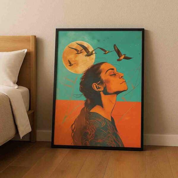 freedom woman wall art, inspirational canvas painting, modern portrait artwork, birds flying artwork, emotional wall décor, large canvas painting 30x48, contemporary woman art, motivational home décor, sunrise woman artwork, bold color wall art, serene woman portrait, stylish bedroom décor, expressive modern painting, artistic home decoration, vibrant wall art canvas