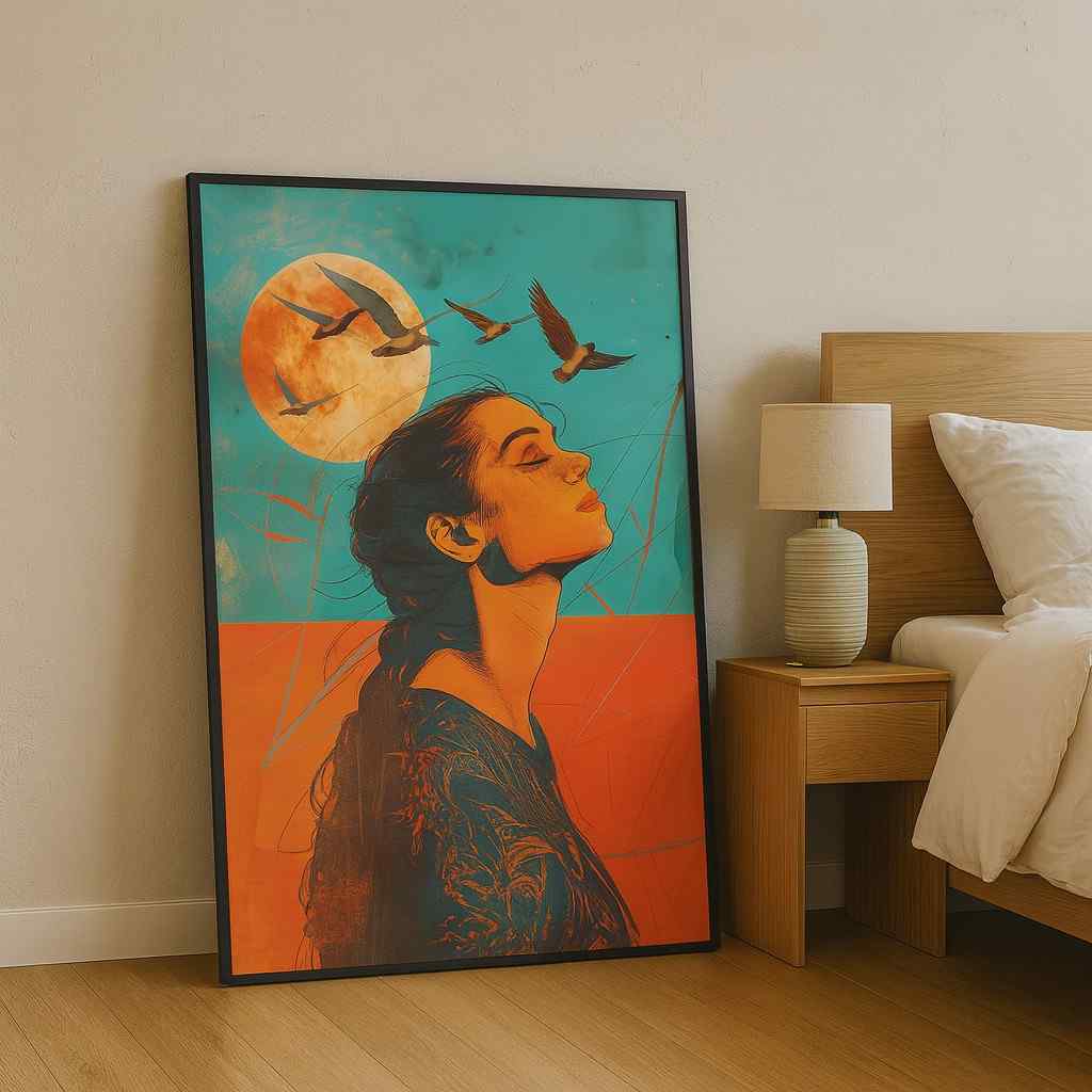 freedom woman wall art, inspirational canvas painting, modern portrait artwork, birds flying artwork, emotional wall décor, large canvas painting 30x48, contemporary woman art, motivational home décor, sunrise woman artwork, bold color wall art, serene woman portrait, stylish bedroom décor, expressive modern painting, artistic home decoration, vibrant wall art canvas