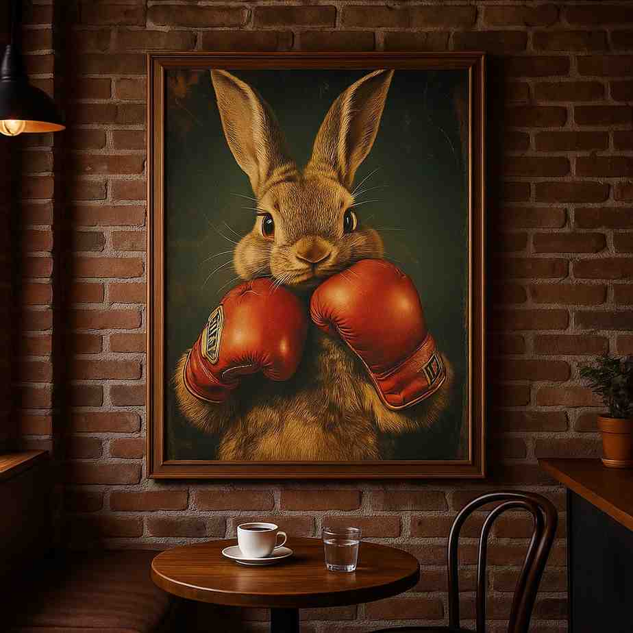 boxing bunny wall art, cute animal canvas painting, funny rabbit artwork, quirky home décor, kids room wall art, cartoon rabbit painting 30x48, playful animal poster, modern cartoon wall décor, bunny boxing gloves art, humorous wall painting, unique animal décor, creative studio artwork, fun kids décor, animal illustration canvas, whimsical home decoration