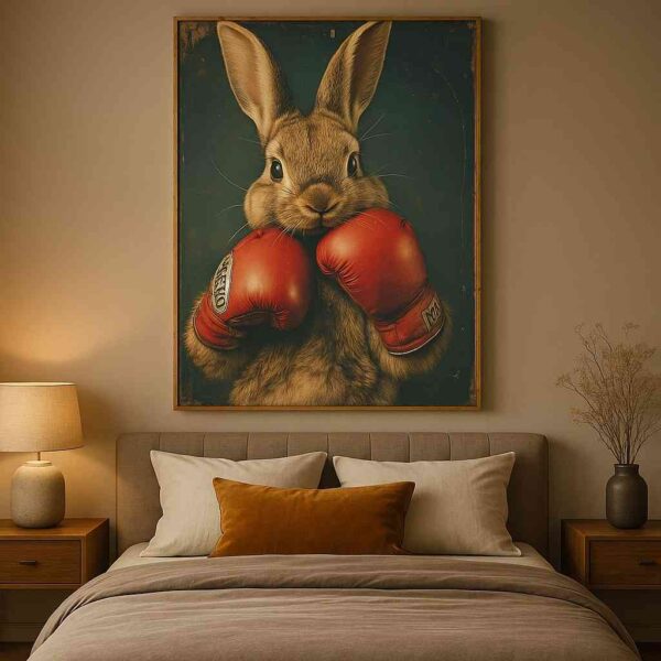 boxing bunny wall art, cute animal canvas painting, funny rabbit artwork, quirky home décor, kids room wall art, cartoon rabbit painting 30x48, playful animal poster, modern cartoon wall décor, bunny boxing gloves art, humorous wall painting, unique animal décor, creative studio artwork, fun kids décor, animal illustration canvas, whimsical home decoration