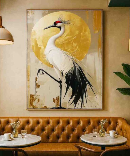 crane bird wall art, luxury golden artwork, modern bird canvas painting, Japanese crane décor, elegant wall art 30x48, gold sun background painting, premium bird décor, stylish home wall art, modern luxury canvas, crane illustration wall décor, sophisticated living room art, hotel lobby décor, minimalist gold artwork, artistic bird poster, statement wall décor canvas