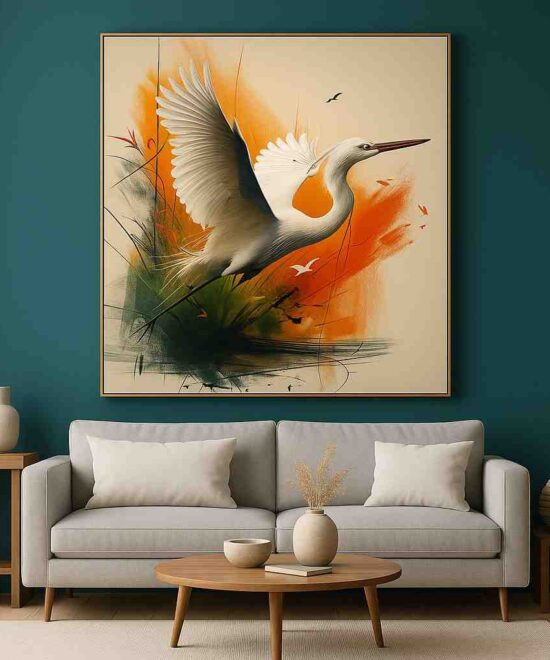 flying crane wall art, modern bird artwork, abstract crane canvas painting, nature-inspired wall décor, elegant crane art 30x48, orange and beige canvas painting, luxury nature artwork, contemporary bird illustration, premium wall décor for living room, artistic crane poster, modern abstract bird art, stylish home décor canvas