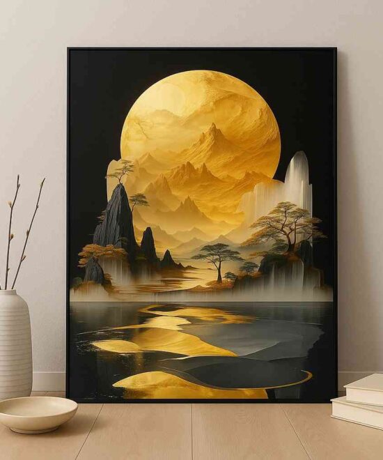 golden moon landscape wall art, luxury moon canvas painting, surreal nature artwork 30x48, premium golden landscape décor, modern mystical wall art, gold black wall painting, bedroom statement artwork, luxury home décor canvas, artistic mountain moon painting, elegant nature art print