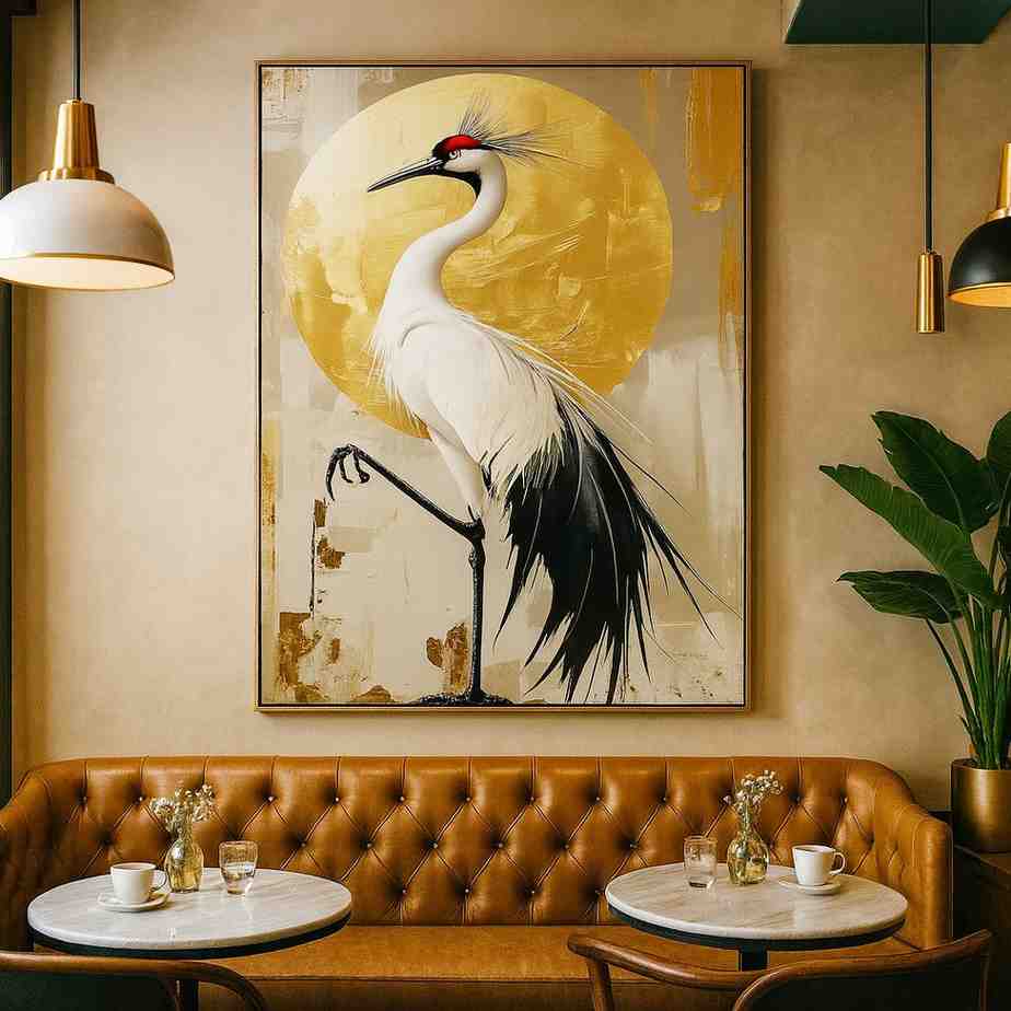 crane bird wall art, luxury golden artwork, modern bird canvas painting, Japanese crane décor, elegant wall art 30x48, gold sun background painting, premium bird décor, stylish home wall art, modern luxury canvas, crane illustration wall décor, sophisticated living room art, hotel lobby décor, minimalist gold artwork, artistic bird poster, statement wall décor canvas
