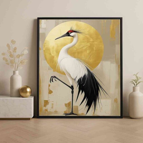 crane bird wall art, luxury golden artwork, modern bird canvas painting, Japanese crane décor, elegant wall art 30x48, gold sun background painting, premium bird décor, stylish home wall art, modern luxury canvas, crane illustration wall décor, sophisticated living room art, hotel lobby décor, minimalist gold artwork, artistic bird poster, statement wall décor canvas