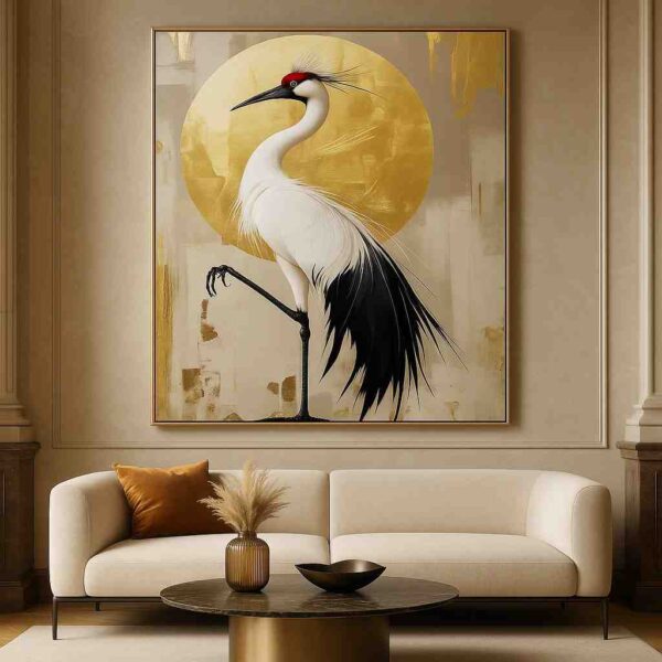 crane bird wall art, luxury golden artwork, modern bird canvas painting, Japanese crane décor, elegant wall art 30x48, gold sun background painting, premium bird décor, stylish home wall art, modern luxury canvas, crane illustration wall décor, sophisticated living room art, hotel lobby décor, minimalist gold artwork, artistic bird poster, statement wall décor canvas