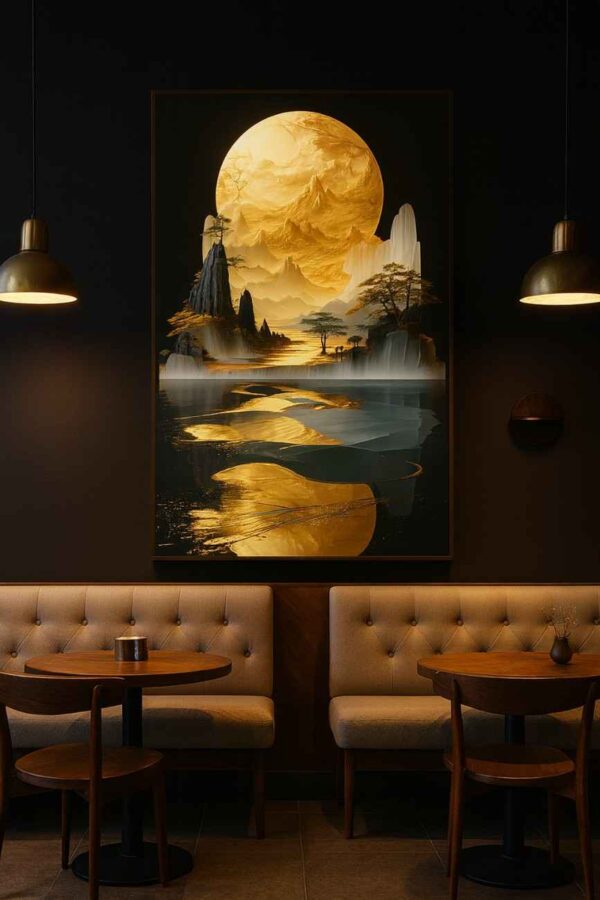 golden moon landscape wall art, luxury moon canvas painting, surreal nature artwork 30x48, premium golden landscape décor, modern mystical wall art, gold black wall painting, bedroom statement artwork, luxury home décor canvas, artistic mountain moon painting, elegant nature art print
