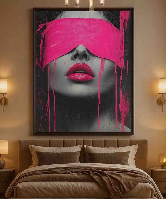 modern pink portrait wall art, pop art woman canvas 30x48, hot pink abstract face painting décor, bold aesthetic wall art framed, contemporary girl portrait artwork, HD canvas painting for living room, edgy modern home décor, black and pink wall art