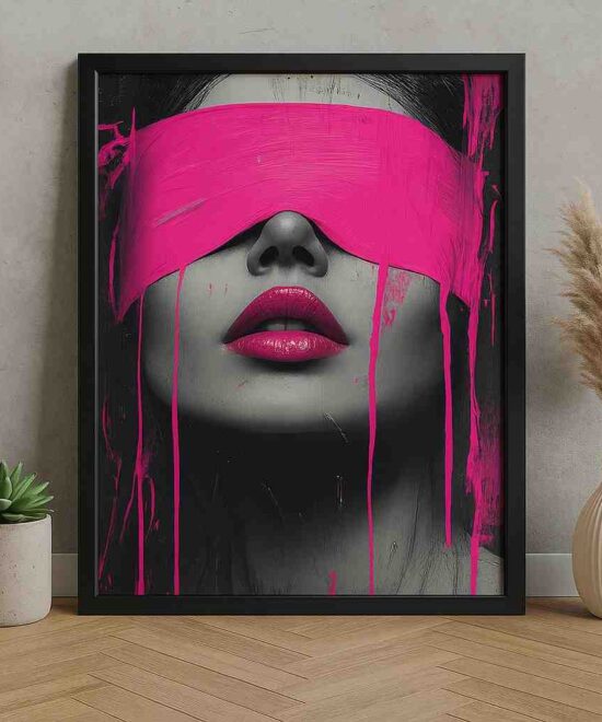 modern pink portrait wall art, pop art woman canvas 30x48, hot pink abstract face painting décor, bold aesthetic wall art framed, contemporary girl portrait artwork, HD canvas painting for living room, edgy modern home décor, black and pink wall art