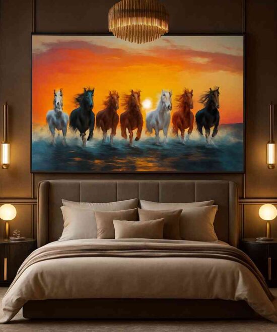 seven running horses vastu painting, lucky horses wall art 30x48, sunset horse canvas décor, modern wildlife wall painting, prosperity running horses artwork, vastu wall décor for home office, HD canvas horse painting framed, living room motivation art piece
