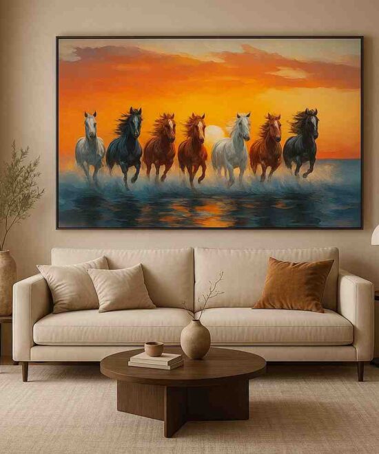 seven running horses vastu painting, lucky horses wall art 30x48, sunset horse canvas décor, modern wildlife wall painting, prosperity running horses artwork, vastu wall décor for home office, HD canvas horse painting framed, living room motivation art piece