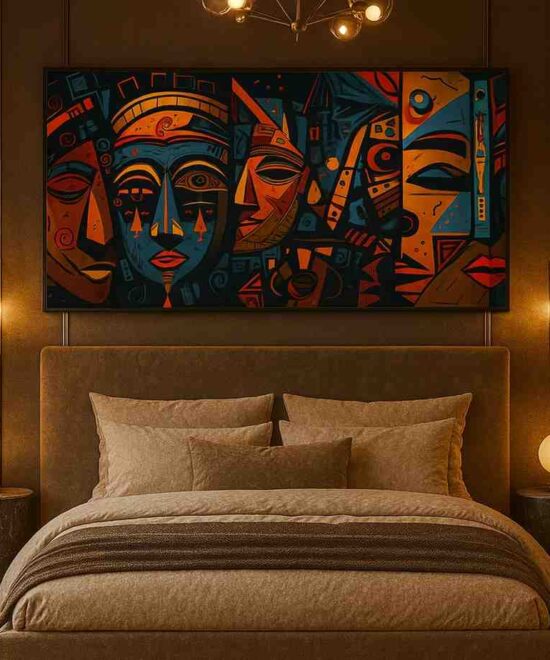 abstract tribal face wall art, modern geometric canvas painting, colorful abstract faces décor, 30x48 tribal artwork, bold contemporary wall art, vibrant African style painting, artistic living room décor, creative studio wall art, expressive abstract canvas, premium framed art piece