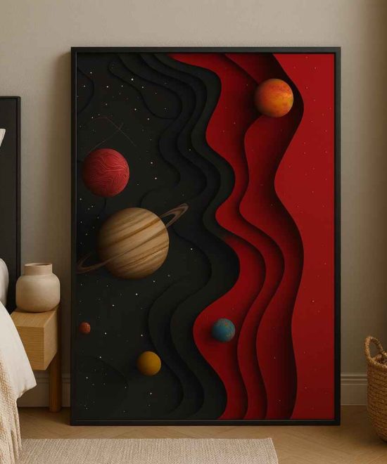 3d space wall art canvas, planets abstract painting 30x48, cosmic universe wall decor, modern galaxy artwork, red and black abstract space art, textured planetary canvas, futuristic home decor painting, large vertical space-themed wall art