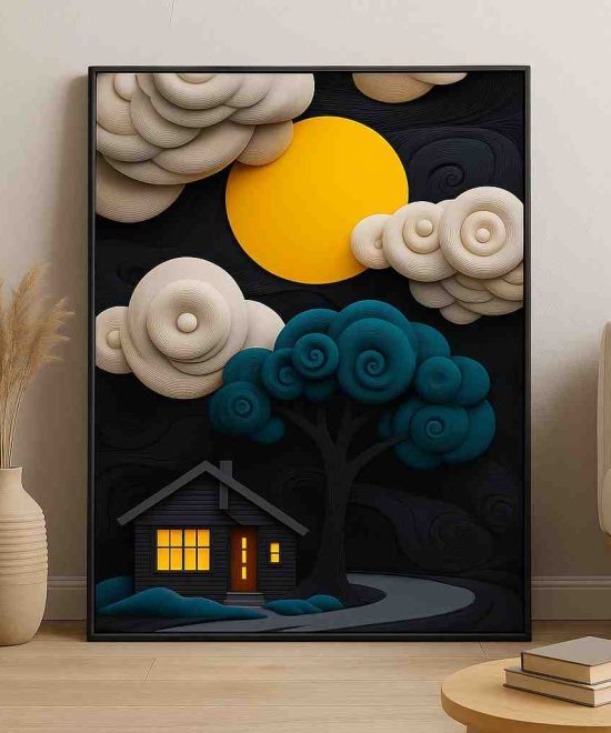 3d night cottage wall art, abstract moon artwork, teal tree decorative painting, cozy cottage canvas 30x48, modern landscape wall decor, premium textured night sky art, large vertical abstract painting, home interior wall art for bedroom living room