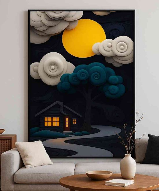 3d night cottage wall art, abstract moon artwork, teal tree decorative painting, cozy cottage canvas 30x48, modern landscape wall decor, premium textured night sky art, large vertical abstract painting, home interior wall art for bedroom living room