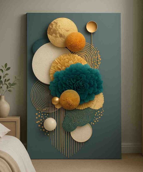 3d floral abstract wall art, teal and gold decorative painting, luxury abstract canvas 30x48, modern textured wall art décor, premium teal flower artwork, gold accent contemporary painting, large vertical canvas for bedroom, elegant modern home décor art