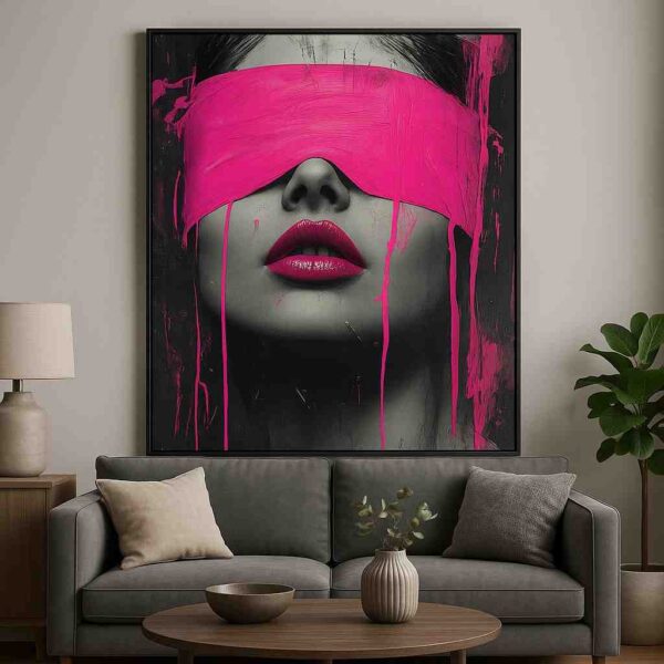 modern pink portrait wall art, pop art woman canvas 30x48, hot pink abstract face painting décor, bold aesthetic wall art framed, contemporary girl portrait artwork, HD canvas painting for living room, edgy modern home décor, black and pink wall art