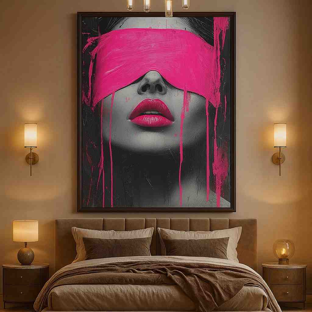 modern pink portrait wall art, pop art woman canvas 30x48, hot pink abstract face painting décor, bold aesthetic wall art framed, contemporary girl portrait artwork, HD canvas painting for living room, edgy modern home décor, black and pink wall art