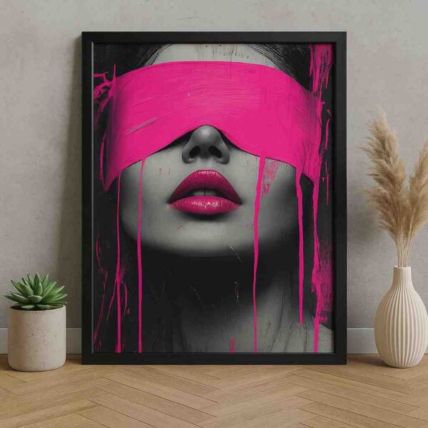 modern pink portrait wall art, pop art woman canvas 30x48, hot pink abstract face painting décor, bold aesthetic wall art framed, contemporary girl portrait artwork, HD canvas painting for living room, edgy modern home décor, black and pink wall art