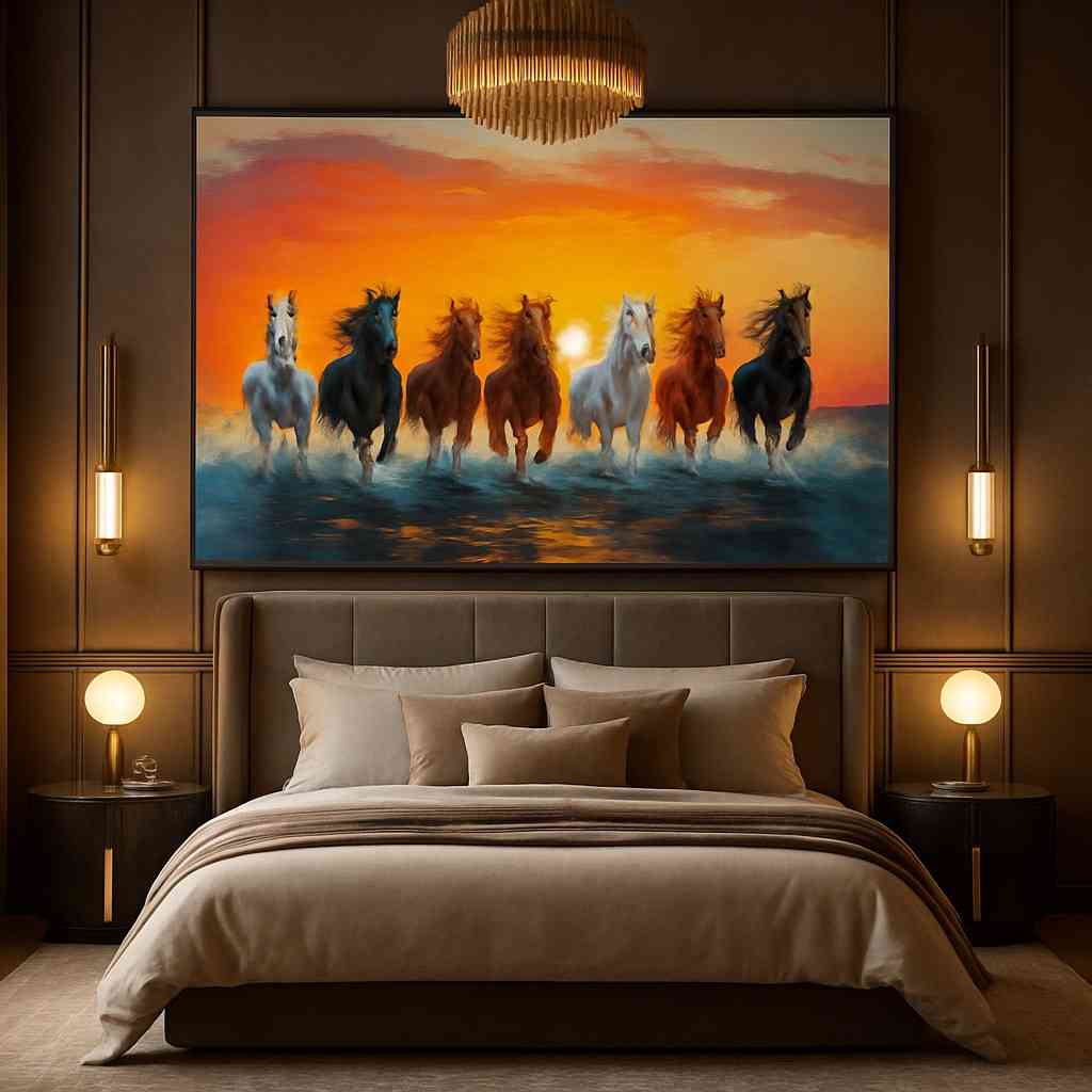 seven running horses vastu painting, lucky horses wall art 30x48, sunset horse canvas décor, modern wildlife wall painting, prosperity running horses artwork, vastu wall décor for home office, HD canvas horse painting framed, living room motivation art piece