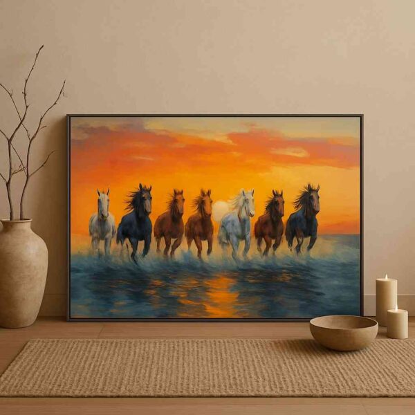 seven running horses vastu painting, lucky horses wall art 30x48, sunset horse canvas décor, modern wildlife wall painting, prosperity running horses artwork, vastu wall décor for home office, HD canvas horse painting framed, living room motivation art piece