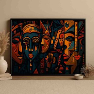 abstract tribal face wall art, modern geometric canvas painting, colorful abstract faces décor, 30x48 tribal artwork, bold contemporary wall art, vibrant African style painting, artistic living room décor, creative studio wall art, expressive abstract canvas, premium framed art piece