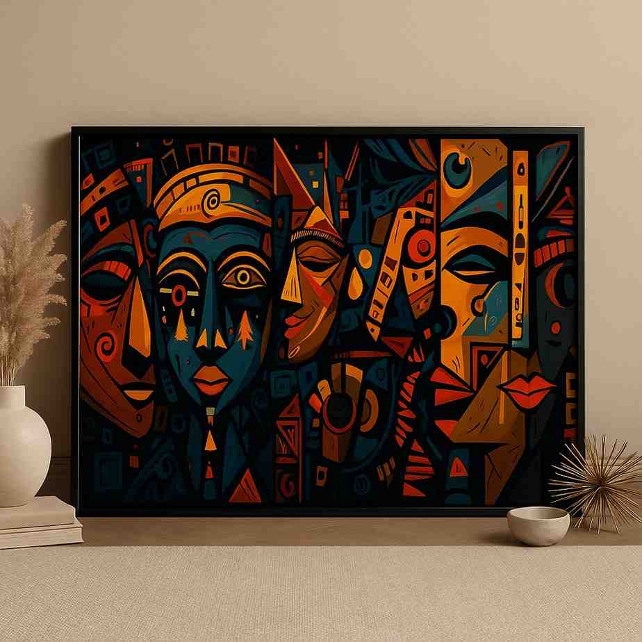 abstract tribal face wall art, modern geometric canvas painting, colorful abstract faces décor, 30x48 tribal artwork, bold contemporary wall art, vibrant African style painting, artistic living room décor, creative studio wall art, expressive abstract canvas, premium framed art piece
