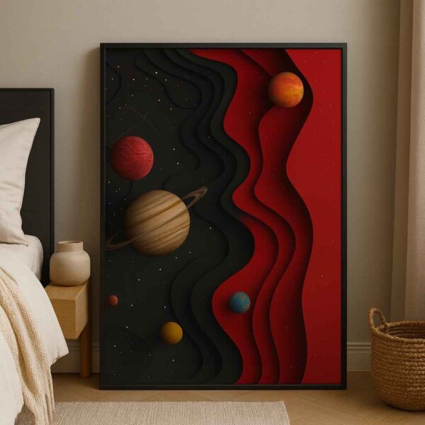 3d space wall art canvas, planets abstract painting 30x48, cosmic universe wall decor, modern galaxy artwork, red and black abstract space art, textured planetary canvas, futuristic home decor painting, large vertical space-themed wall art