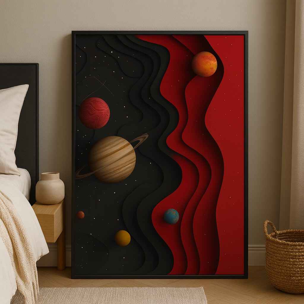 3d space wall art canvas, planets abstract painting 30x48, cosmic universe wall decor, modern galaxy artwork, red and black abstract space art, textured planetary canvas, futuristic home decor painting, large vertical space-themed wall art