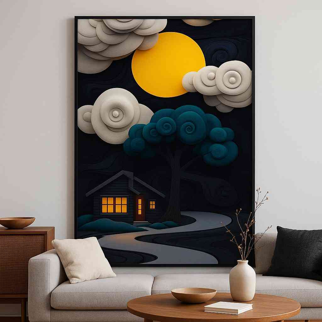 3d night cottage wall art, abstract moon artwork, teal tree decorative painting, cozy cottage canvas 30x48, modern landscape wall decor, premium textured night sky art, large vertical abstract painting, home interior wall art for bedroom living room