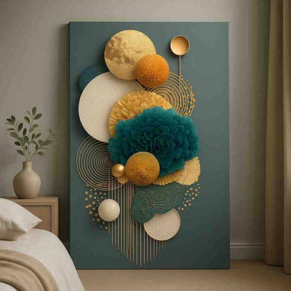 3d floral abstract wall art, teal and gold decorative painting, luxury abstract canvas 30x48, modern textured wall art décor, premium teal flower artwork, gold accent contemporary painting, large vertical canvas for bedroom, elegant modern home décor art