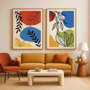 abstract botanical wall art set of 2, modern leaf canvas art 30x48, abstract plant wall decor, contemporary living room wall art, scandinavian botanical prints, large vertical canvas paintings, modern home décor artwork