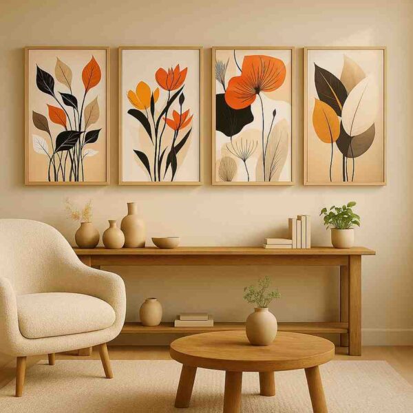 botanical wall art set of 4, modern floral canvas prints 30x48, botanical gallery wall art, minimalist plant wall decor, scandinavian botanical artwork, large vertical wall art set, premium canvas paintings for living room