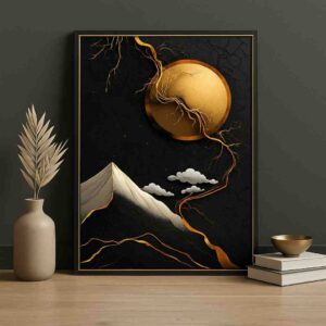 black gold wall art, modern abstract landscape painting, luxury cafe wall decor, moon wall art canvas 30x48, premium black gold canvas art, modern vertical wall art