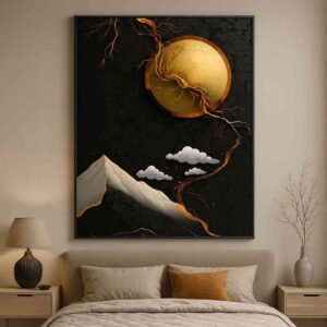black gold wall art, modern abstract landscape painting, luxury cafe wall decor, moon wall art canvas 30x48, premium black gold canvas art, modern vertical wall art