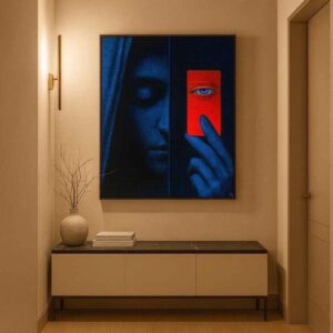 modern abstract portrait wall art, blue red face wall art, luxury hallway wall decor, contemporary canvas painting 30x48, surreal modern wall art, premium abstract portrait canvas