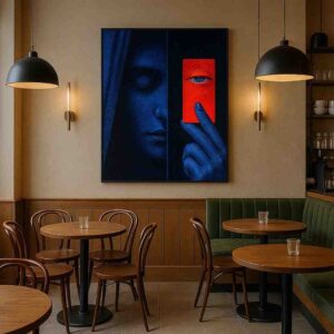 modern abstract portrait wall art, blue red face wall art, luxury hallway wall decor, contemporary canvas painting 30x48, surreal modern wall art, premium abstract portrait canvas