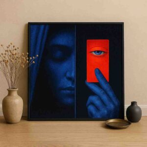 modern abstract portrait wall art, blue red face wall art, luxury hallway wall decor, contemporary canvas painting 30x48, surreal modern wall art, premium abstract portrait canvas