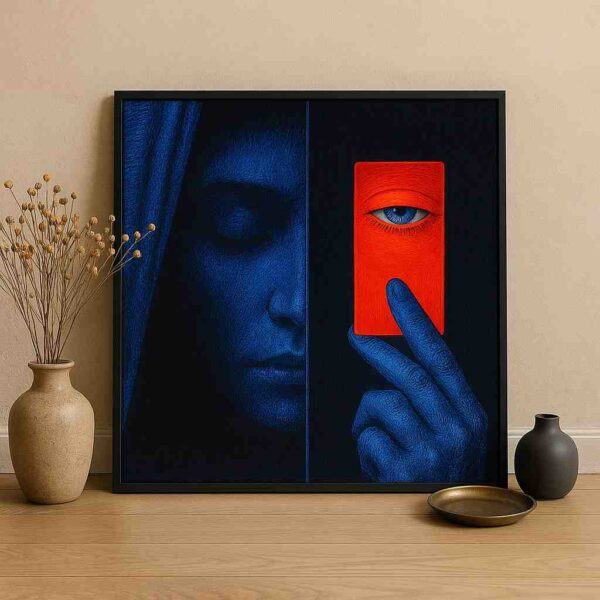 modern abstract portrait wall art, blue red face wall art, luxury hallway wall decor, contemporary canvas painting 30x48, surreal modern wall art, premium abstract portrait canvas