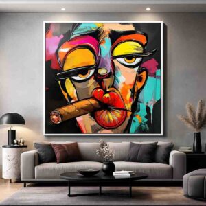 abstract cubist face wall art, colorful abstract portrait canvas, modern statement wall art 30x48, luxury abstract painting for living room, contemporary bold face wall decor