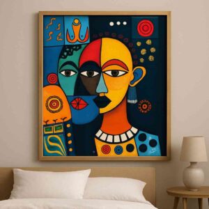 cubist portrait wall art, modern abstract face painting 30x48, colorful cubism canvas wall art, luxury abstract painting for living room, contemporary statement wall decor