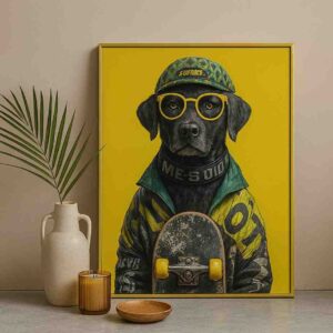 pop art dog wall art, modern animal portrait canvas 30x48, yellow pop art wall decor, contemporary dog painting for living room, skateboard dog artwork