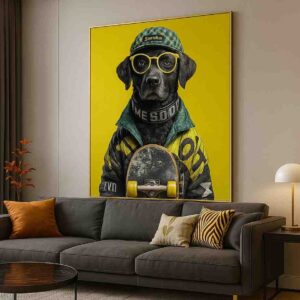 pop art dog wall art, modern animal portrait canvas 30x48, yellow pop art wall decor, contemporary dog painting for living room, skateboard dog artwork