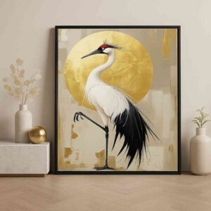 Golden crane wall art, crane canvas painting, luxury wall art for living room, modern wall painting 30x48 inch, large canvas painting, premium framed wall art, contemporary bird wall art, elegant wall décor painting, designer wall art for home, minimalist luxury wall art, statement wall painting