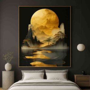 Golden moon wall art, landscape canvas painting, luxury wall art for living room, modern wall painting 30x48 inch, large canvas painting, premium framed wall art, abstract landscape wall art, modern luxury wall décor, designer wall art for home, statement wall painting, elegant home décor painting