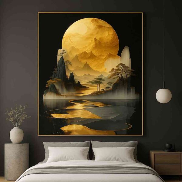 Golden moon wall art, landscape canvas painting, luxury wall art for living room, modern wall painting 30x48 inch, large canvas painting, premium framed wall art, abstract landscape wall art, modern luxury wall décor, designer wall art for home, statement wall painting, elegant home décor painting