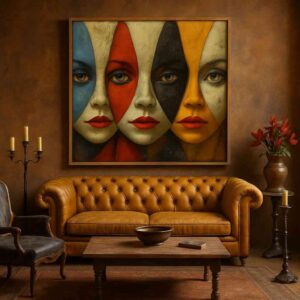Abstract faces wall art, modern abstract painting, contemporary portrait wall décor, large canvas painting 30x48 inch, multicolor abstract wall art, luxury modern wall painting, designer wall art for living room, premium framed abstract painting, office wall décor art