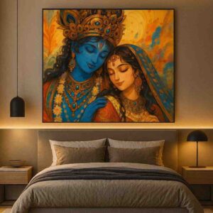 Radha Krishna wall art, Radha Krishna canvas painting, divine love wall décor, devotional wall art for bedroom, romantic Radha Krishna painting, large canvas painting 30x48 inch, vastu Radha Krishna painting, premium framed religious wall art, luxury spiritual home décor